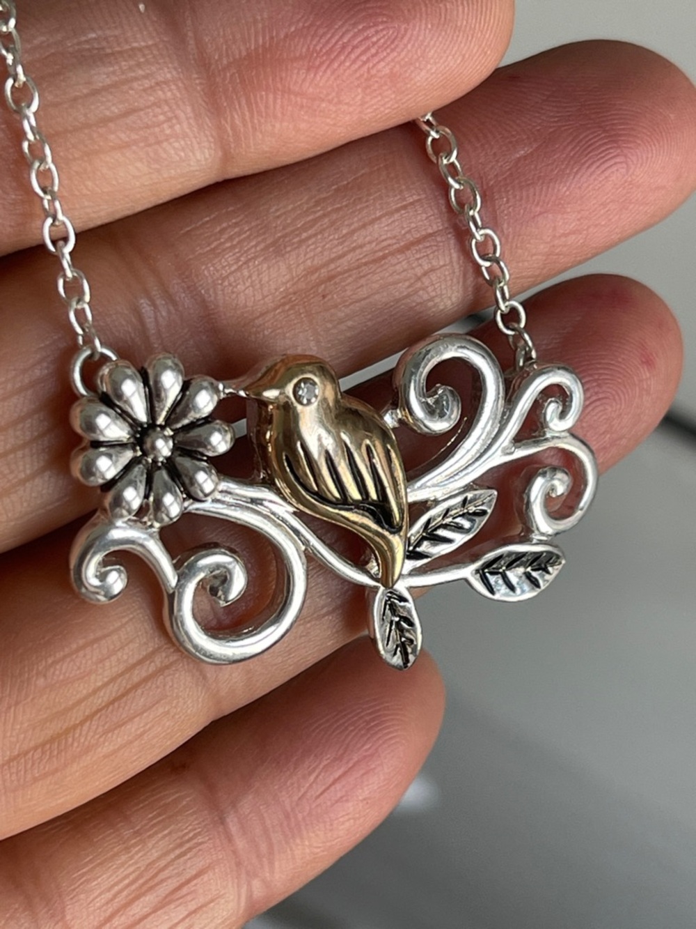 Silver & Gold Bird  With tiny diamond Floral Pendant Necklace Women's Jewelry